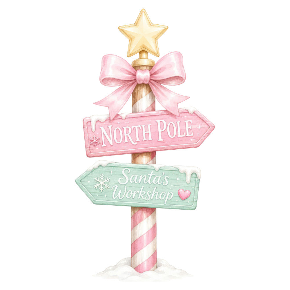 christmas, holiday, north pole, santa's workshop, pink, cream, white, sage green, gold, pastel pink, soft green, whimsical, festive, winter, directional sign, candy cane stripe, golden star, pink bow, hearts, snowflakes, cheerful, magical, children's, seasonal, christmas decor, winter wonderland, novelty, decorative panel, holiday themed, sweet