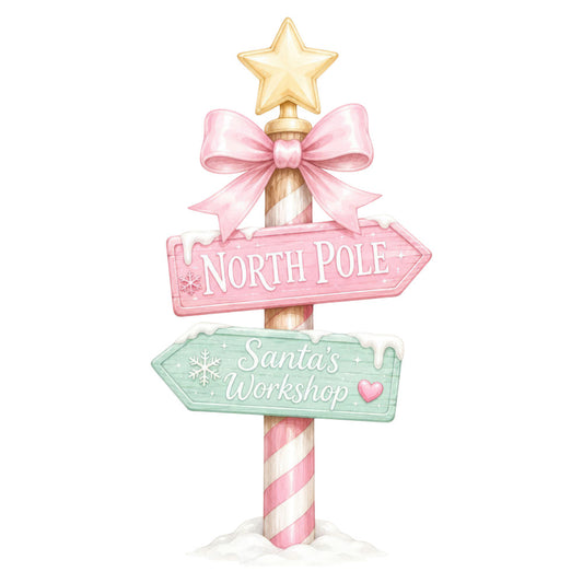 christmas, holiday, north pole, santa's workshop, pink, cream, white, sage green, gold, pastel pink, soft green, whimsical, festive, winter, directional sign, candy cane stripe, golden star, pink bow, hearts, snowflakes, cheerful, magical, children's, seasonal, christmas decor, winter wonderland, novelty, decorative panel, holiday themed, sweet