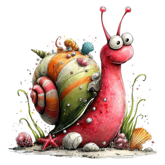 whimsical snail, coral red, ocean blue, sage green, golden orange, sea creatures, nautical theme, underwater, beach theme, garden snails, spiral shells, starfish, whimsical animals, children's illustration, playful characters, googly eyes, seashells, aquatic life, summer theme, seaside, decorative panel, kids fabric, storybook characters, vintage whimsical, hand-painted style, colorful striped, nature inspired, creature design, marine life