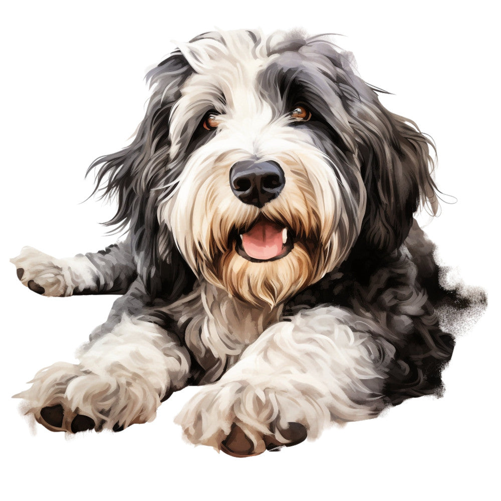 dog, shih tzu, black and white, cream, tan, beige, charcoal gray, animal portrait, pet, puppy, cute, whimsical, friendly, playful, realistic illustration, detailed, furry, fluffy coat, long-haired dog, companion animal, dog lover, pet themed, children's, nursery, wall hanging, home decor, adorable, expressive eyes, smiling dog