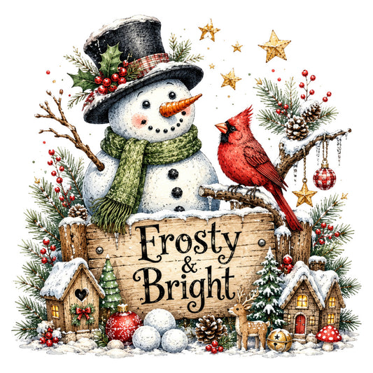 frosty & bright, snowman, cardinal bird, christmas, winter, holiday, red cardinal, black top hat, green scarf, gold stars, red berries, snow, festive, whimsical, rustic, traditional, cozy cabin, evergreen, pine branches, wooden sign, gingerbread houses, snowflakes, cream white, forest green, cardinal red, gold accents, winter village, seasonal, christmas décor, vintage christmas