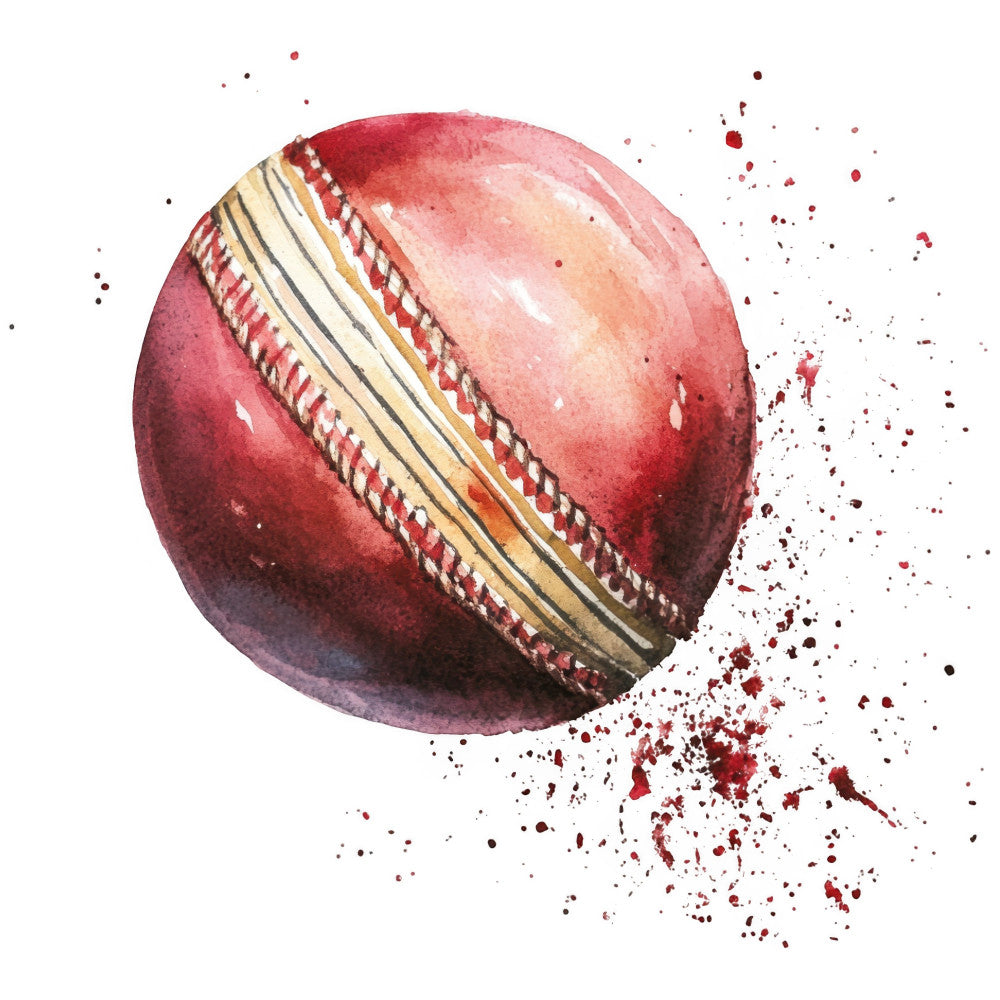 cricket ball, red leather, sports themed, burgundy, cream, tan, gold thread, stitched details, athletic, traditional sport, vintage style, classic design, textured, dimensional, realistic illustration, watercolor effect, splatter paint, action themed, ball sports, recreational, english cricket, red and white, heritage style, traditional games, sporty, detailed stitching, distressed effect, artistic rendering