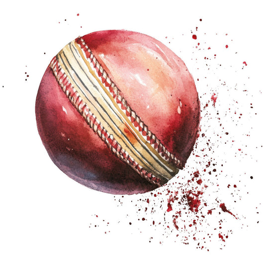 cricket ball, red leather, sports themed, burgundy, cream, tan, gold thread, stitched details, athletic, traditional sport, vintage style, classic design, textured, dimensional, realistic illustration, watercolor effect, splatter paint, action themed, ball sports, recreational, english cricket, red and white, heritage style, traditional games, sporty, detailed stitching, distressed effect, artistic rendering