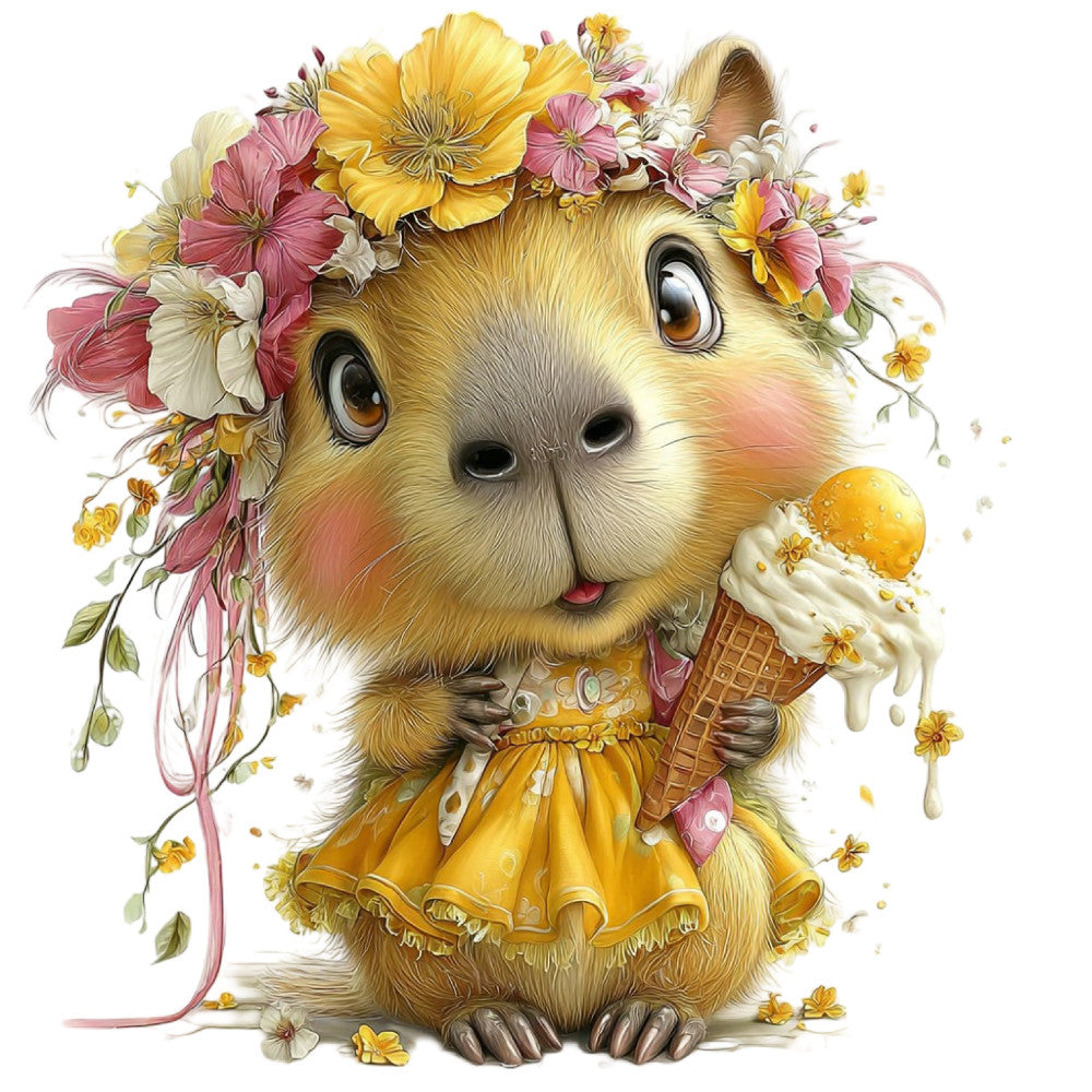 cream, golden yellow, dusty rose, pale pink, soft white, floral, animals, guinea pig, whimsical, cute, playful, spring, summer, nature, flowers, ice cream, sweet, charming, illustration, detailed, children, kids, baby, pastel colors, blooms, flower crown, fancy dress, delicate, artistic, fantasy