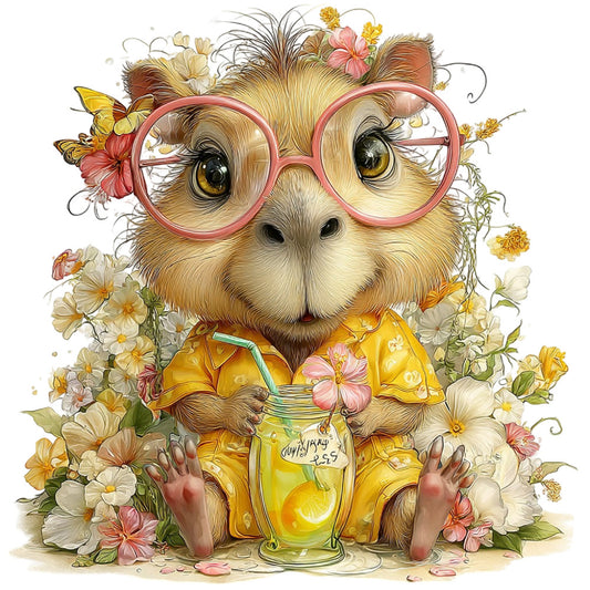 adorable animal, whimsical, cute guinea pig, pink glasses, floral, nature, spring, summer, cream, golden yellow, coral pink, dusty rose, soft colors, pastel, butterflies, daisies, wildflowers, garden theme, children's, nursery, baby, cheerful, playful, vintage illustration, storybook, charming, quirky character, sweet, illustrated animal, botanical