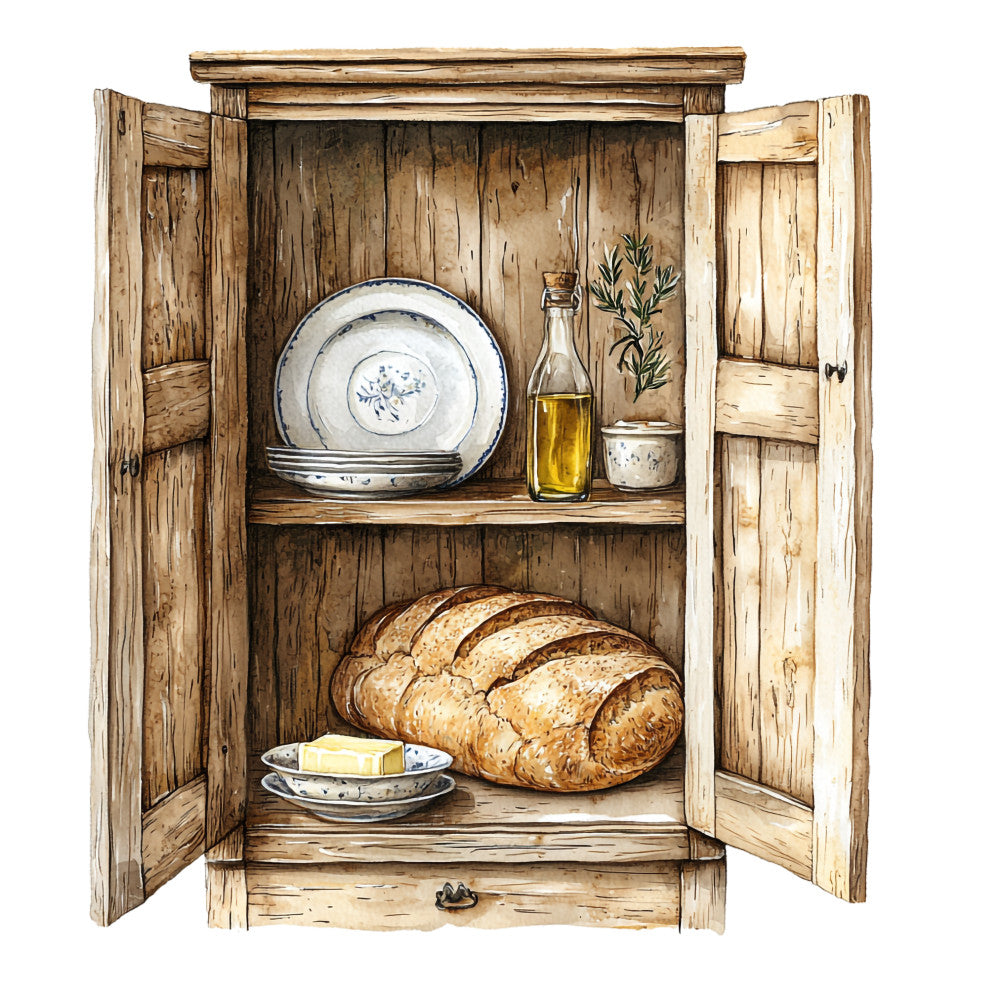 rustic wooden cabinet, weathered wood, bread loaves, ceramic plates, olive oil bottle, herb sprig, butter dish, country kitchen, vintage cupboard, warm browns, cream white, golden yellow, farmhouse style, food storage, kitchen pantry, watercolor illustration, cozy atmosphere, fabric panel, quilting cotton, cottage core