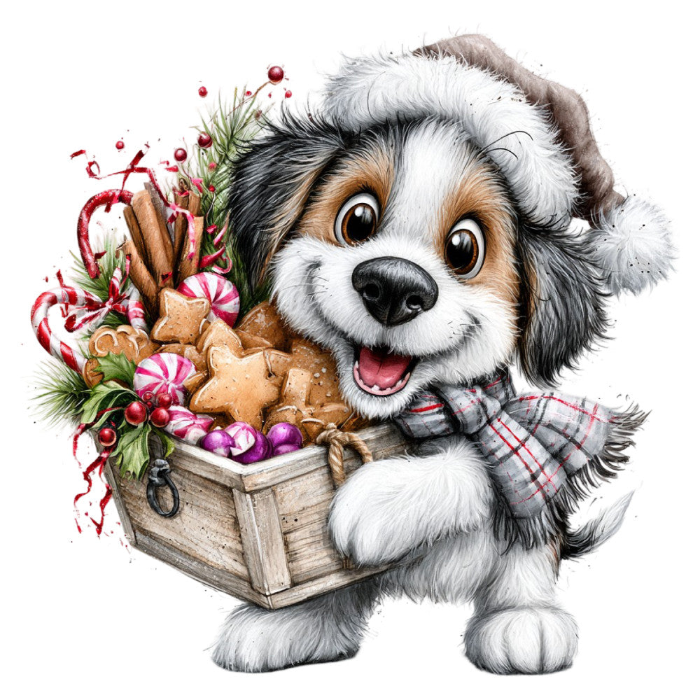 cute dog, puppy, holiday, christmas, festive, winter, plaid, gingerbread, candy cane, peppermint, baubles, ornaments, evergreen, red, white, black, tan, cream, gold, whimsical, cheerful, playful, animal, pet, seasonal, children's, baby, decorative, festive theme, holiday animals