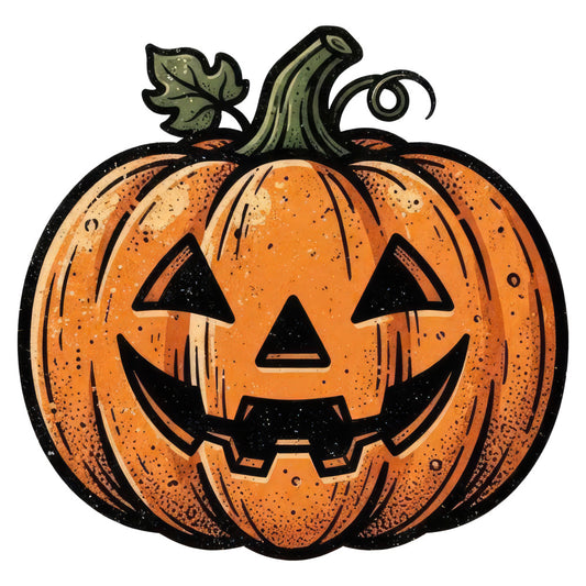 jack-o'-lantern, pumpkin, halloween, orange, black, green, autumn, fall, seasonal, holiday, spooky, festive, cute, whimsical, traditional, folk art, carved pumpkin, triangle eyes, smiling face, decorative, home decor, wall hanging, throw pillow, harvest, october, trick-or-treat, vintage style, rustic charm, cottage core