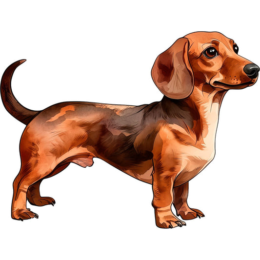 dachshund, wiener dog, dog breed, dog portrait, brown, rust, tan, cream, chocolate brown, animal lover, pet themed, dogs, pet quilting, animal prints, whimsical, cute, playful, home decor, dog lover gift, children's fabric, kids quilting, puppy, long-haired dog, side profile, standing dog, realistic illustration, detailed art
