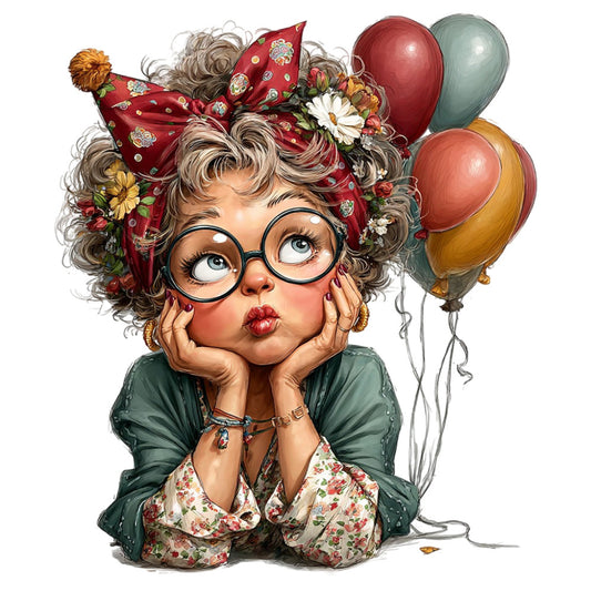 whimsical character, vintage woman, granny character, red balloons, floral headwrap, curly gray hair, round glasses, flowers, daisies, mums, folk art, retro style, vintage fashion, cream, forest green, dusty rose, golden yellow, sage green, playful illustration, character panel, novelty print, whimsical portrait, grandmother theme, feminine style, charm design, nostalgic, traditional with modern twist, cheerful, birthday celebration, festive balloons