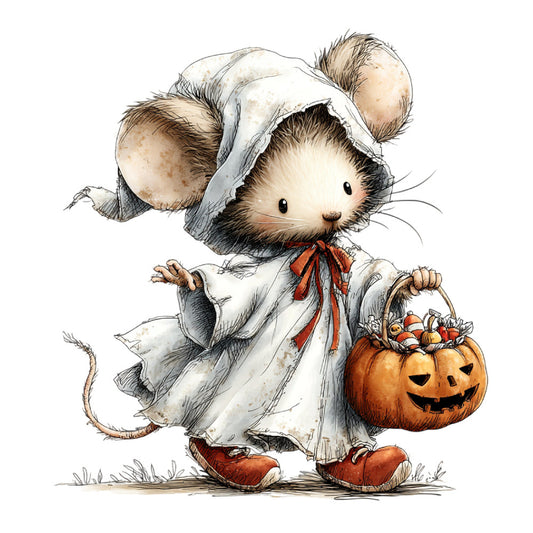 autumn, halloween, trick-or-treat, mouse, cute animals, whimsical, children's, ghost costume, pumpkin, jack-o-lantern, candy basket, cream, ivory, rust orange, burnt orange, brown, red ribbon, vintage style, storybook, sweet, playful, holiday, fall, seasonal, baby, nursery, wall hanging, character panel, folkloric