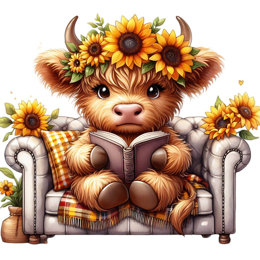 Sunflower Highland Cows Fabric Panel 15 featuring a cute highland cow with sunflower crown sitting on sofa reading a book.