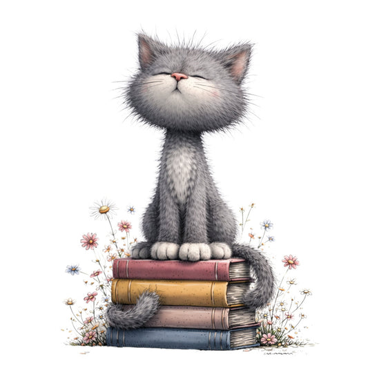 gray cat, whimsical, cute animals, book lover, literary theme, stacked books, flowers, daisies, pink flowers, blue flowers, gray, cream, dusty rose, gold, navy blue, children's, storybook, fantasy, sweet, gentle, soft, nature, floral, illustration style, vintage books, reading theme, magical, nursery, girl's room, wall hanging