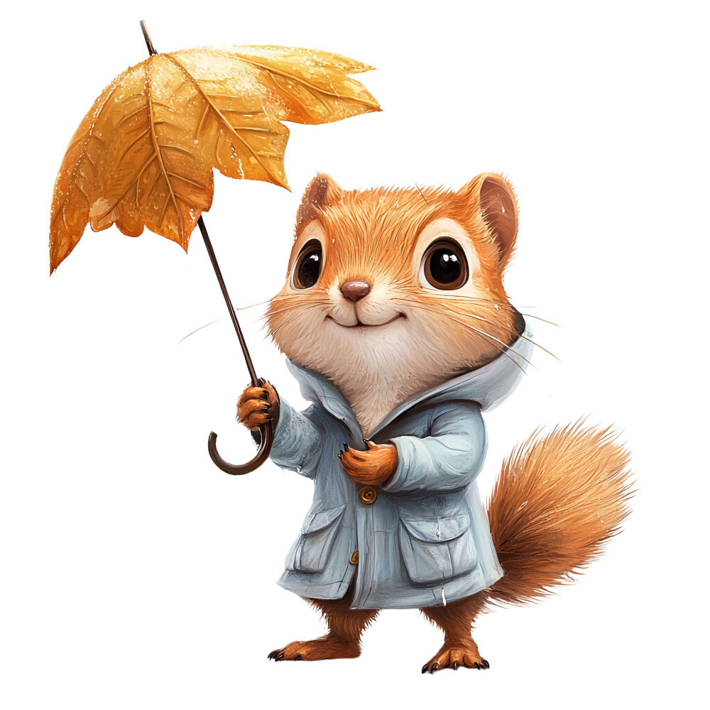 orange, golden yellow, light blue, squirrel, umbrella, raincoat, autumn leaves, watercolor style, whimsical, cute animal, fabric panel, quilting cotton, seasonal design, fall theme, woodland creature, children's fabric, craft material, sewing panel, adorable character, rainy day