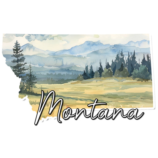 montana, landscape, mountain vista, watercolor, nature scene, scenic, evergreen trees, pine trees, cypress trees, rolling hills, meadow, pastoral, golden fields, misty mountains, blue mountains, mountain range, state pride, travel, americana, rustic, vintage style, cream, soft blue, sage green, forest green, gray blue, golden yellow, landscape art, scenic view, outdoor