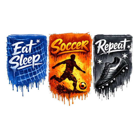 eat sleep soccer repeat, sports, soccer ball, athletic, motivational, youth sports, grunge texture, dripping paint effect, blue, orange, black, white, yellow, bold text, graphic design, modern, urban style, soccer player silhouette, sports fan gift, boy's fabric, teens, active lifestyle, inspirational quotes, street art aesthetic, action sports