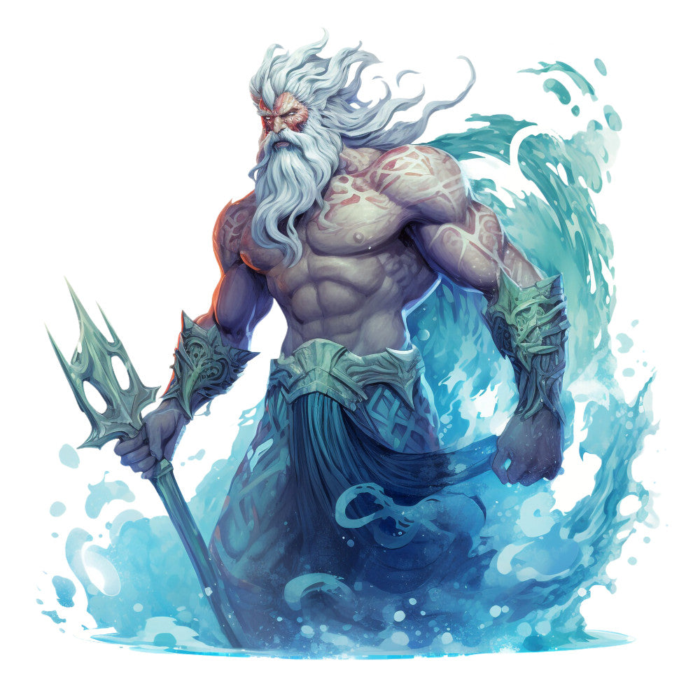 aqua blue, teal, white, gray, flowing hair, muscular figure, trident, water splashes, mythological, sea god, oceanic, fabric panel, quilting cotton, fantasy art, maritime theme, waves, aquatic design, digital print, dramatic pose, sea creature
