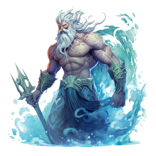 aqua blue, teal, white, gray, flowing hair, muscular figure, trident, water splashes, mythological, sea god, oceanic, fabric panel, quilting cotton, fantasy art, maritime theme, waves, aquatic design, digital print, dramatic pose, sea creature