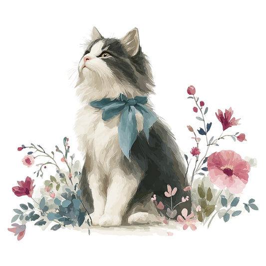 cat, black and white cat, teal blue bow, floral, flowers, pink flowers, dusty rose, mauve, teal, cream, white, charcoal gray, botanical, nature, whimsical, elegant, watercolor, illustrated, cat lover, pet themed, spring, garden flowers, feminine, decorative, wall hanging, home decor, artistic, gentle, soft, romantic