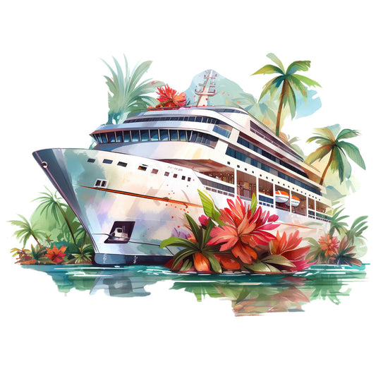 cruise ship, tropical paradise, palm trees, hibiscus flowers, watercolor style, coral pink, turquoise blue, white hull, vacation theme, ocean water, tropical flowers, maritime design, resort imagery, fabric panel, quilting cotton, island getaway, nautical scene, caribbean colors, leisure travel, summer vibes