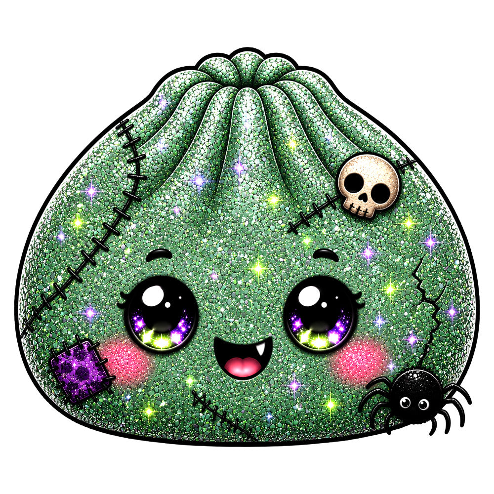 lime green, sparkle, glitter, cute, kawaii, halloween, spooky, skull, spider, witch, magical, whimsical, celestial, stars, shimmer, sequin-look, character panel, novelty, glow-in-the-dark style, children's, playful, purple accents, pink blush, stitched details, gothic cute, creepy cute, fantasy, enchanted, metallic accents