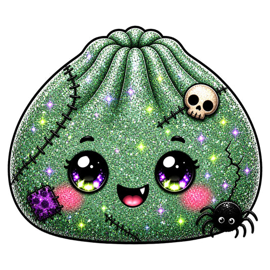 lime green, sparkle, glitter, cute, kawaii, halloween, spooky, skull, spider, witch, magical, whimsical, celestial, stars, shimmer, sequin-look, character panel, novelty, glow-in-the-dark style, children's, playful, purple accents, pink blush, stitched details, gothic cute, creepy cute, fantasy, enchanted, metallic accents