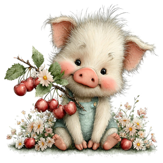 cute pig, fluffy animal, white fur, cream colored, dusty rose, coral pink, sage green, pastoral, farmhouse, whimsical, adorable, spring florals, daisies, cherries, red berries, nature inspired, garden theme, countryside, storybook illustration, children's design, baby friendly, sweet animals, illustrated animals, vintage style, folk art, rustic charm, springtime, botanical elements, nursery decor, character design