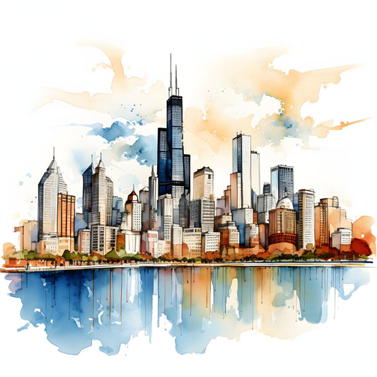 chicago skyline, watercolor cityscape, urban landscape, architectural, modern city, watercolor art, navy blue, orange, tan, beige, cream, soft colors, abstract watercolor, splatter effect, ink wash, contemporary, artistic, city buildings, skyscraper, lake michigan, reflection, wet media style, wall hanging, home decor, art print, travel theme, usa landmarks, impressionistic, dreamy aesthetic