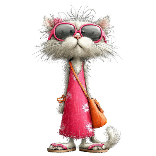hot pink, coral orange, cream white, gray, whimsical, cat, fashion cat, sunglasses, stylish, fun, playful, humorous, modern, trendy, animal, pet, glamorous, accessories, handbag, dress, cute animal print, cartoon, illustration, contemporary, quirky, gift fabric, novelty, artistic