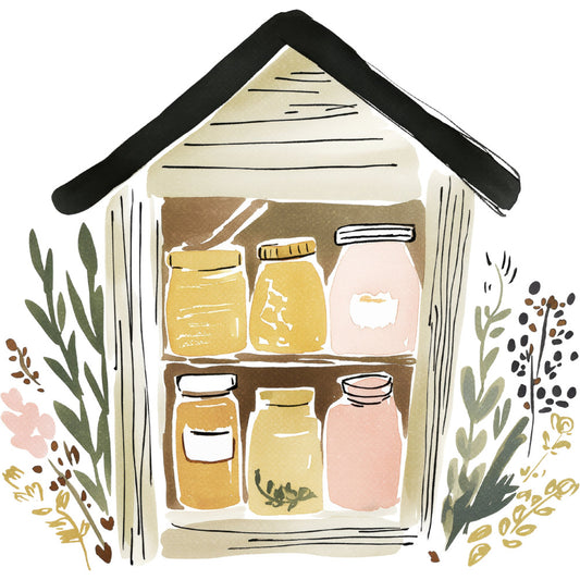 pantry, preserves, canning jars, honey, jam, rustic, farmhouse, cottage core, botanical, herbs, wildflowers, cream, tan, sage green, dusty rose, blush pink, golden yellow, honey gold, nature, kitchen, homesteading, whimsical, folk art, hand-drawn, vintage, country, cottagecore, botanical illustration, preserving, shelves
