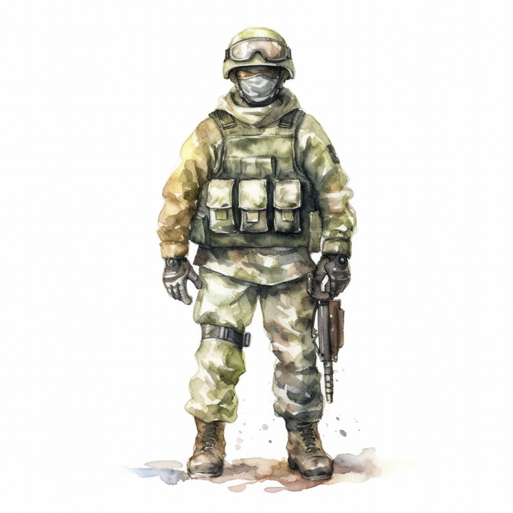 military, soldier, camouflage, desert camo, tan, khaki, olive green, sage green, cream, beige, brown, gray, tactical gear, armed forces, patriotic, men, masculine, realistic, illustration, watercolor, modern, contemporary, action, strength, courage, uniform, helmet, protective gear, combat, defense