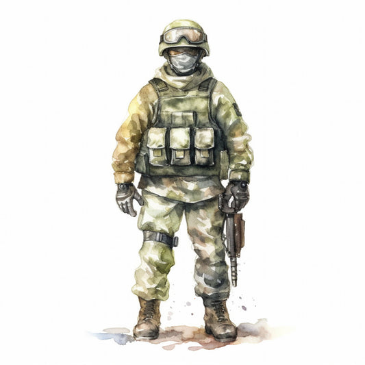military, soldier, camouflage, desert camo, tan, khaki, olive green, sage green, cream, beige, brown, gray, tactical gear, armed forces, patriotic, men, masculine, realistic, illustration, watercolor, modern, contemporary, action, strength, courage, uniform, helmet, protective gear, combat, defense