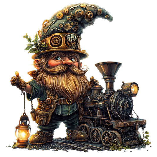 steampunk gnome, mechanical gears, vintage train, brass copper, forest green, golden yellow, whimsical character, fantasy illustration, fabric panel, quilting cotton, locomotive engine, clockwork machinery, lantern light, detailed artwork, gnome beard, pointed hat, victorian style, imaginative design, craft project, sewing panel