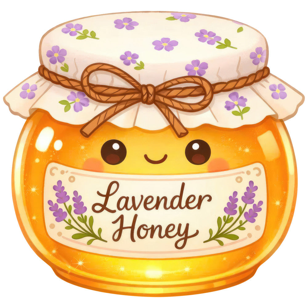lavender, honey, golden yellow, orange, purple flowers, cream, whimsical, cute, kawaii, jar, honey pot, floral, nature, spring, summer, garden flowers, lavender sprigs, rustic, cottage core, farmhouse, sweet, charming, decorative jar, personified, smiling face, bee related, honey themed, herbal, botanical, folk art style