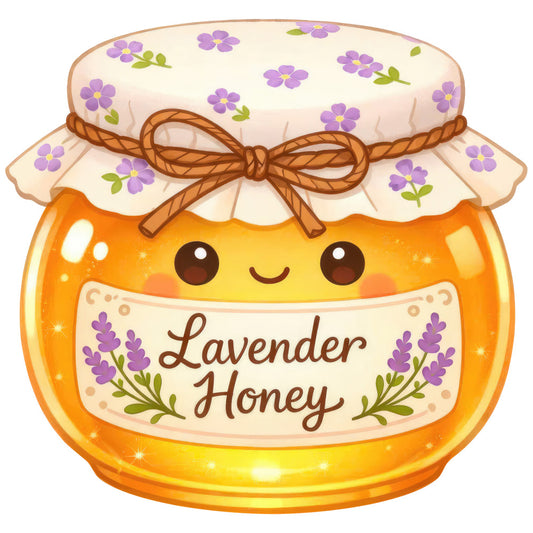 lavender, honey, golden yellow, orange, purple flowers, cream, whimsical, cute, kawaii, jar, honey pot, floral, nature, spring, summer, garden flowers, lavender sprigs, rustic, cottage core, farmhouse, sweet, charming, decorative jar, personified, smiling face, bee related, honey themed, herbal, botanical, folk art style