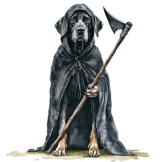 black dog, grim reaper, skeleton, dark humor, halloween, anthropomorphic animals, gothic, spooky, charcoal gray, bone white, creepy, whimsical, humorous, reaper costume, hooded figure, axe, dark fantasy, witchy, macabre, skeleton dog, funny animals, character illustration, monochromatic, black and white, novelty print, horror themed, seasonal halloween, wall hanging, quirky animals