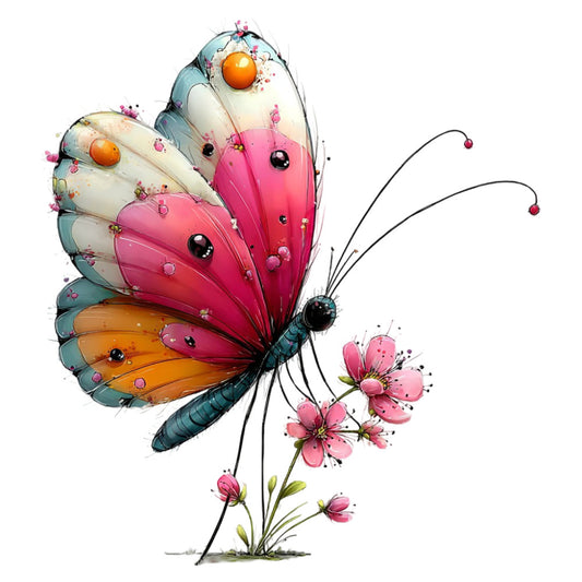 butterfly, pink, orange, cream, teal blue, floral, nature, whimsical, spring, summer, garden, insects, flowers, artistic, watercolor, fantasy, decorative, children's fabric, nursery, baby quilt, wall hanging, blooming flowers, delicate, playful, vibrant colors, botanical, creative, illustrated, contemporary, magical