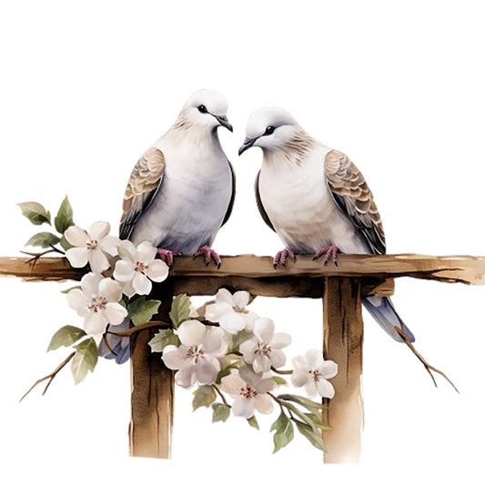 Spring White Doves Fabric Panel 10 featuring two detailed white doves perched on a wooden branch with blooming flowers on premium quilting cotton.