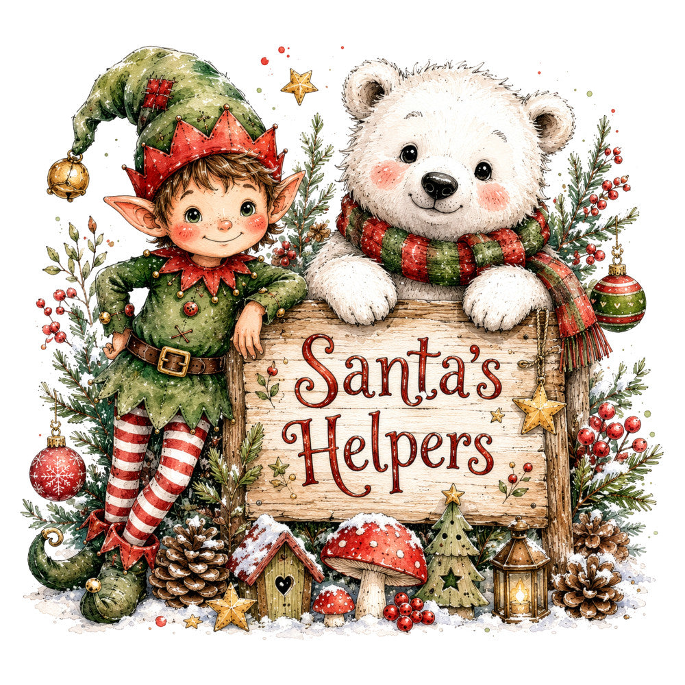christmas, holiday, santa's helpers, elf, polar bear, festive, red and green, forest green, cream white, gold accents, candy cane stripes, whimsical, vintage, children's, seasonal, winter, decorative, cute animals, bears, elves, ornaments, evergreen, pine cones, mushrooms, stars, hearts, rustic, traditional christmas, nursery, baby