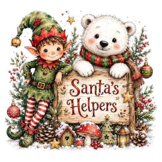 christmas, holiday, santa's helpers, elf, polar bear, festive, red and green, forest green, cream white, gold accents, candy cane stripes, whimsical, vintage, children's, seasonal, winter, decorative, cute animals, bears, elves, ornaments, evergreen, pine cones, mushrooms, stars, hearts, rustic, traditional christmas, nursery, baby