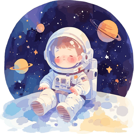 space, astronaut, planets, stars, celestial, galaxy, moon, saturn, night sky, dreamy, whimsical, navy blue, cream, orange, soft pastels, children, kids, baby, nursery, cosmic, adventure, exploration, starry night, cute, playful, modern, fantasy, outer space, wall hanging, baby quilt