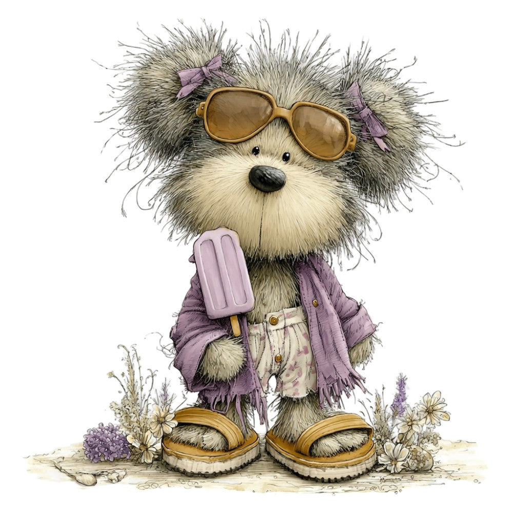 cute character, fluffy animal, teddy bear, whimsical, character design, children's fabric, kid's illustration, plush bear, lavender purple, dusty mauve, tan brown, cream ivory, sunglasses, popsicle, summer theme, playful, sweet illustration, adorable design, storybook style, decorative panel, girl's fabric, baby fabric, novelty print, character panel, vintage style, retro aesthetic, fun and quirky, fashionable bear, casual style, springtime flowers
