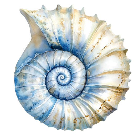 Watercolor Sea Shells Fabric Panel 19 featuring a detailed blue and beige spiral seashell design on premium quilting cotton.