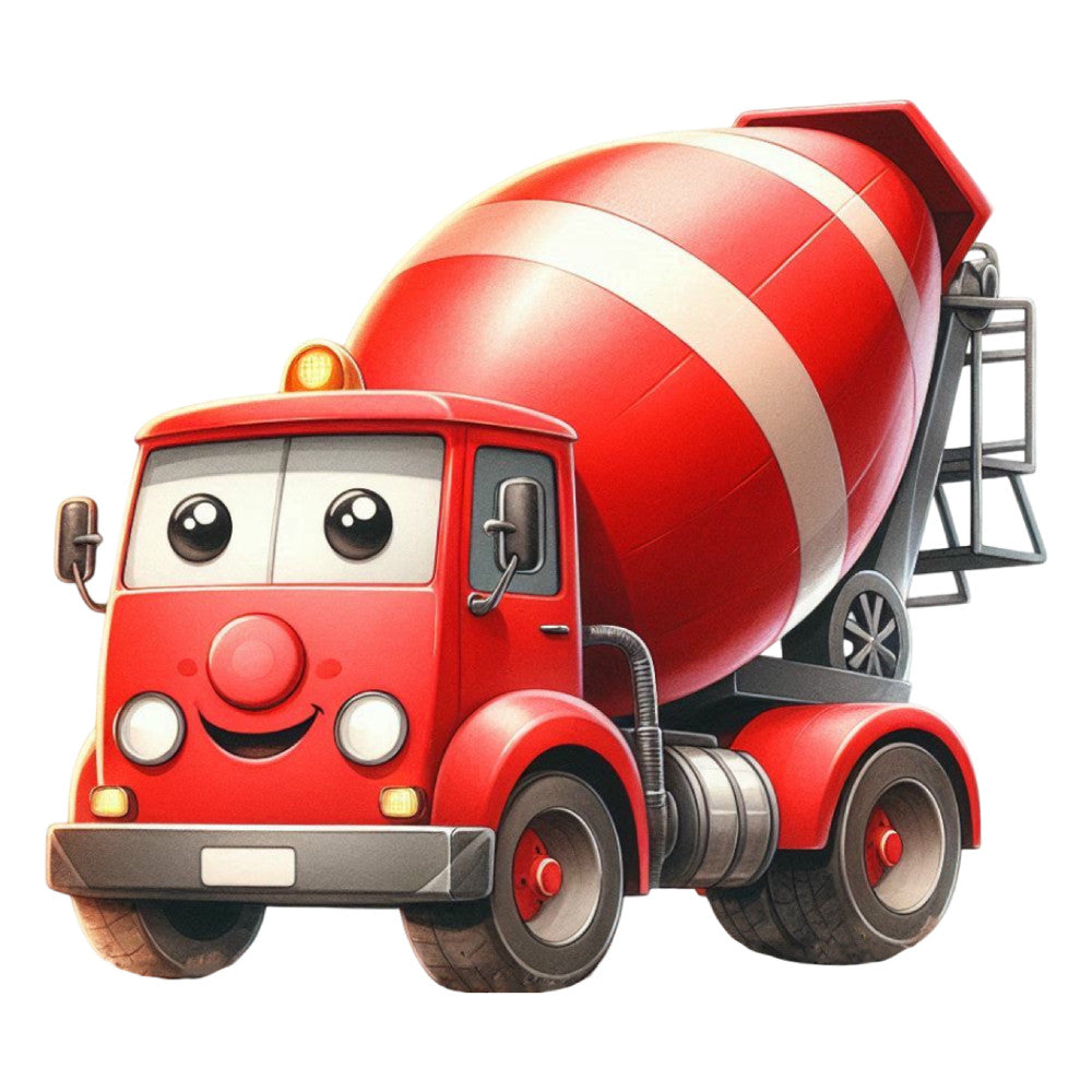 red, white, cream, concrete gray, bright red, bold red, vehicles, trucks, cement mixer, construction, whimsical, playful, cartoon, anthropomorphic, children's, cute, friendly face, smiling character, industrial, machinery, transportation, toddler, kids bedding, nursery, baby quilt, wall hanging, cheerful, charming, fun design, retro style