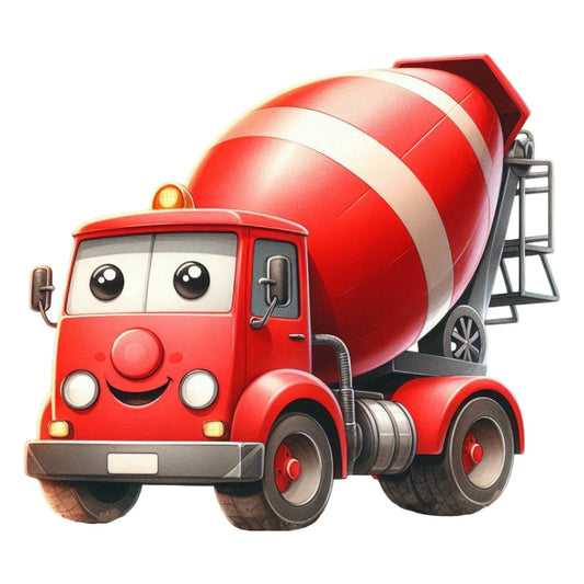 red, white, cream, concrete gray, bright red, bold red, vehicles, trucks, cement mixer, construction, whimsical, playful, cartoon, anthropomorphic, children's, cute, friendly face, smiling character, industrial, machinery, transportation, toddler, kids bedding, nursery, baby quilt, wall hanging, cheerful, charming, fun design, retro style