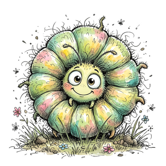 whimsical, creature, fantasy, pastel colors, soft green, pale yellow, blush pink, mint green, spring, nature, playful, children's, cute, big eyes, smiling character, cheerful, flowers, grass, insects, bees, butterflies, colorful, watercolor, illustrated, storybook, whimsy, charming, friendly, garden theme, baby