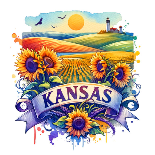US States Retro Travel Fabric Panel 9 featuring Kansas with sunflowers and scenic farmland in vibrant colors on quilting cotton.