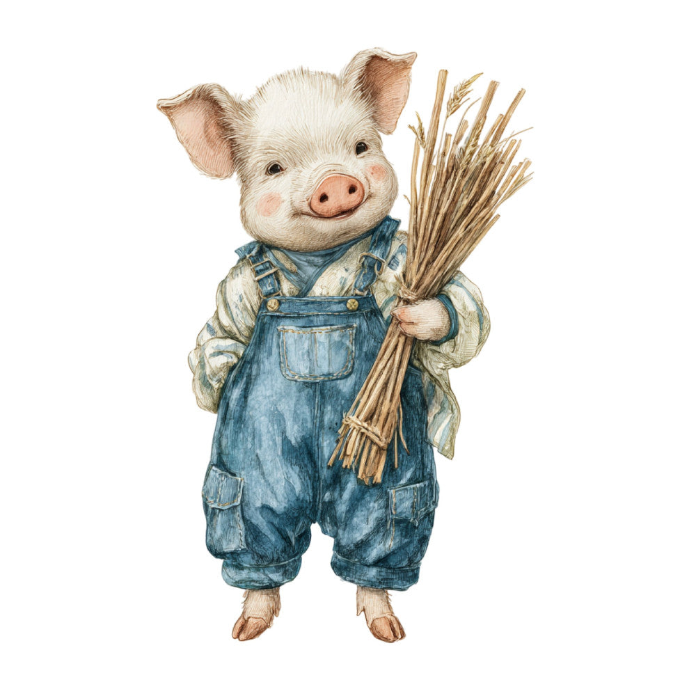 denim blue, cream, tan, wheat, rustic pig, farm animals, farmhouse, whimsical, vintage, storybook, children's, adorable, character, anthropomorphic, denim overalls, bandana, harvest, grain sheaves, countryside, pastoral, folk art, illustrative, sweet, charming, nursery, baby, animals in clothing, heartwarming, autumn, rustic charm