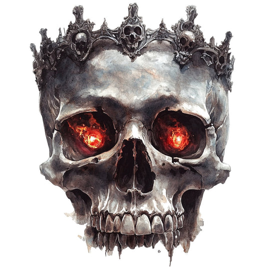 skull, gothic, dark gray, charcoal, metallic silver, glowing eyes, red eyes, fiery, skeleton, ornate, decorative crown, dark fantasy, horror, edgy, dramatic, black, bone white, Halloween, spooky, macabre, Victorian goth, intricate, metal details, wall art, statement fabric, bold design, supernatural, menacing, dramatic shading