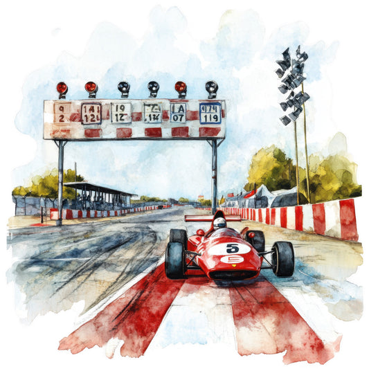 watercolor, formula racing, race car, red car, racing track, finish line, checkered flags, speedway, vintage racing, motorsport, fabric panel, quilting cotton, automotive theme, racing stripes, red and white, blue sky, green trees, grandstand, racing scene, sports illustration